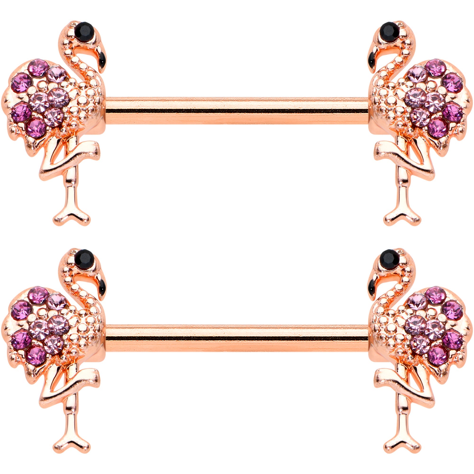 14G 9/16  Pink Gem Rose Gold Hue Fashion Flamingo Nipple Ring Set