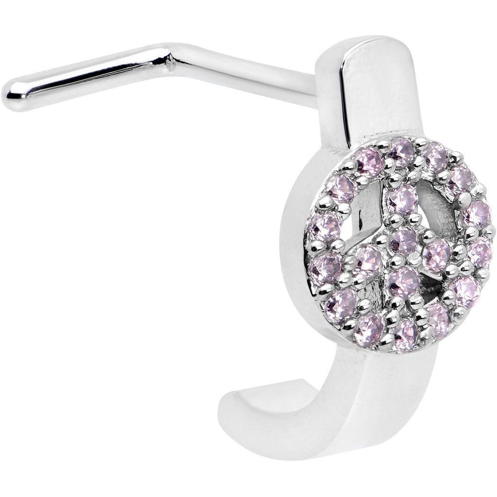 20G 5/16 Faint Pink Gem Retro Peace Sign Faux Hoop L Shape Nose Ring