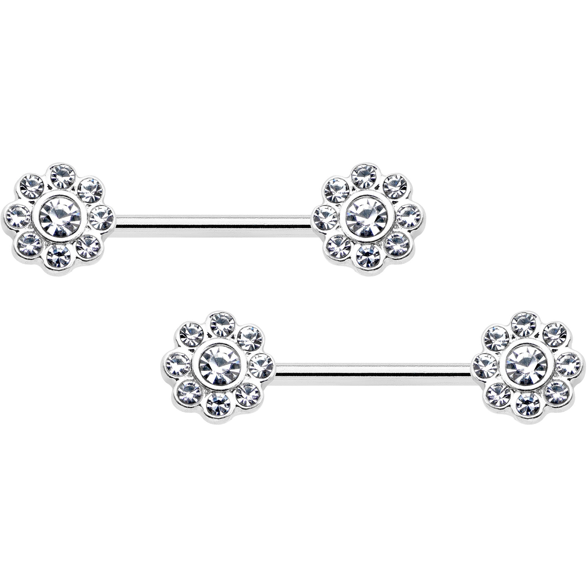 14G 9/16 Clear Gem Whimsy Flower Barbell Nipple Ring Set