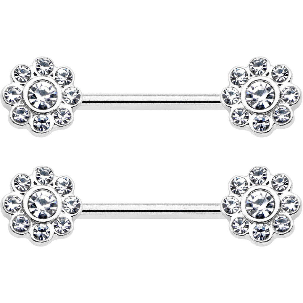 14G 9/16 Clear Gem Whimsy Flower Barbell Nipple Ring Set