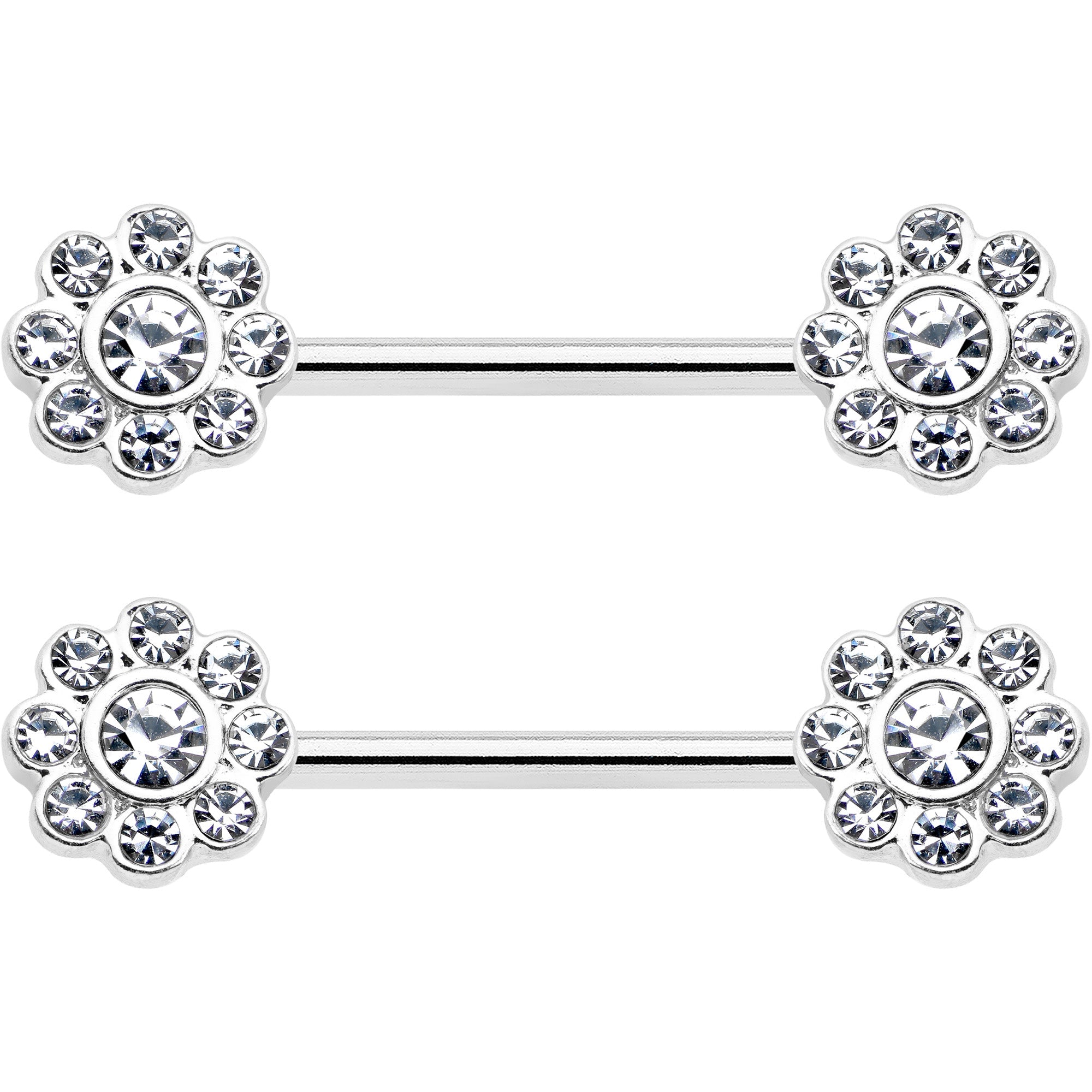 14G 9/16 Clear Gem Whimsy Flower Barbell Nipple Ring Set