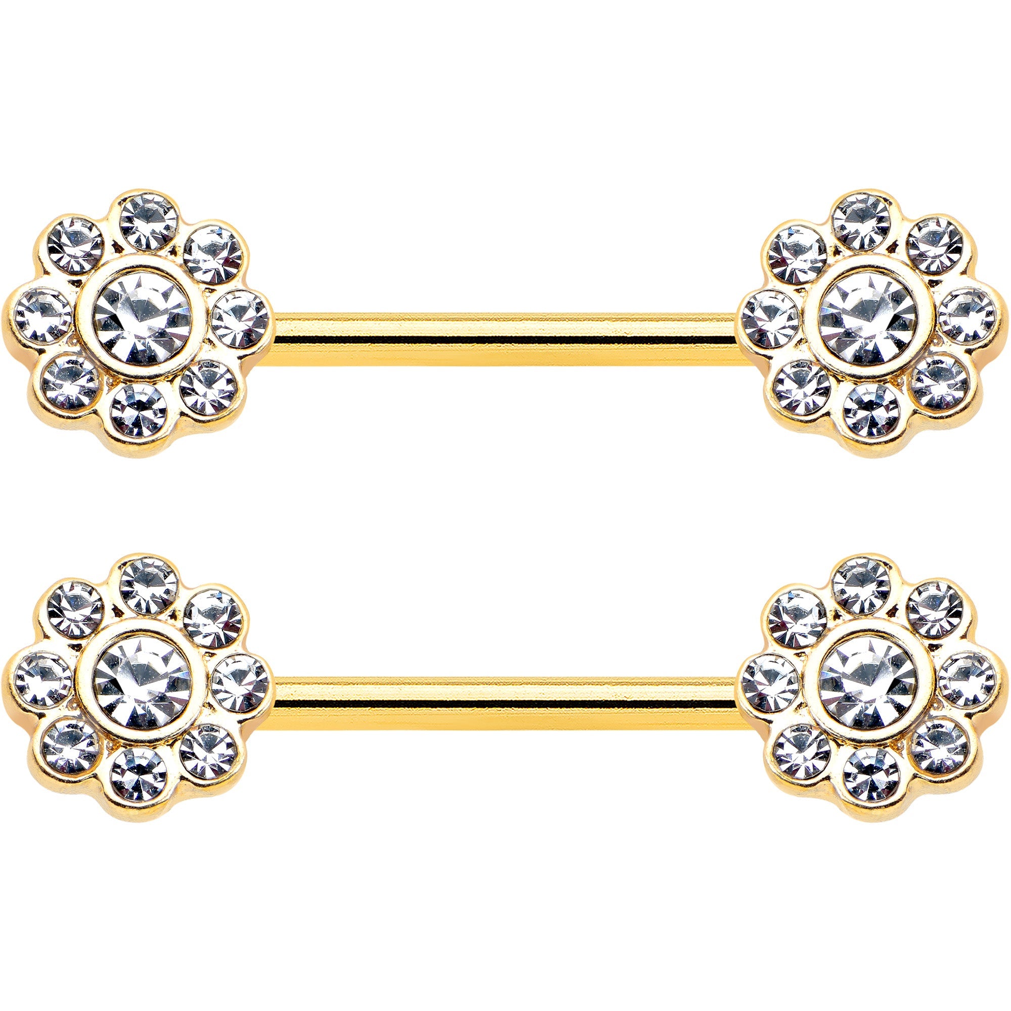 14G 9/16 Clear Gem Gold Tone Whimsy Flower Barbell Nipple Ring Set