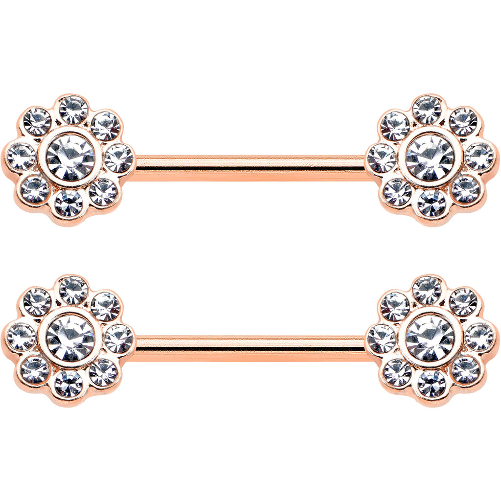 14G 9/16 Clear Gem Rosy Tone Whimsy Flower Barbell Nipple Ring Set