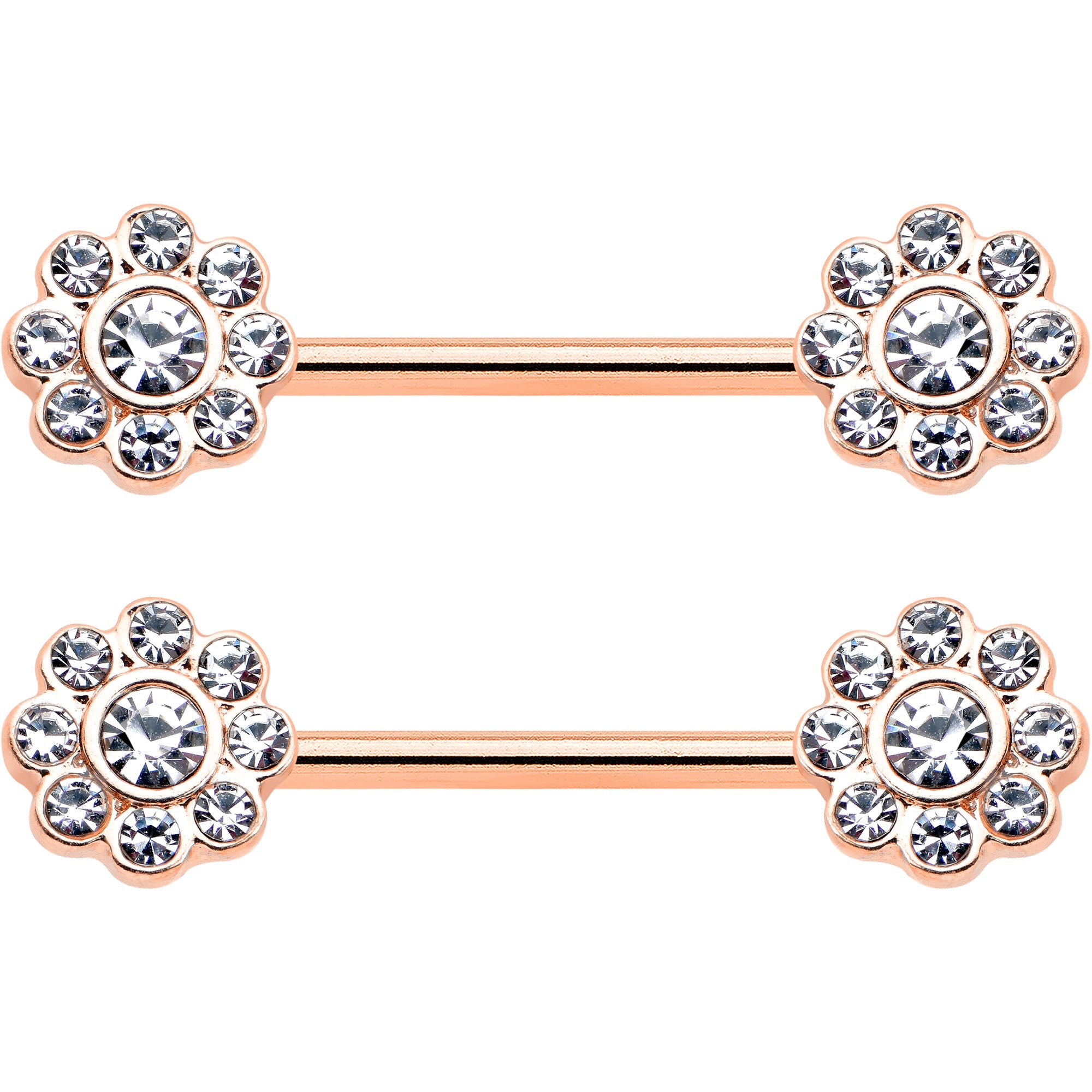14G 9/16 Clear Gem Rosy Tone Whimsy Flower Barbell Nipple Ring Set