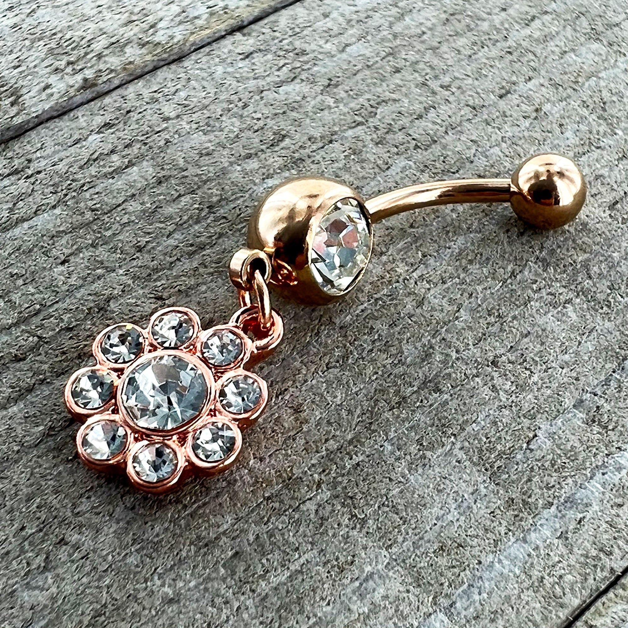 Clear Gem Rose Gold Tone Whimsy Flower Dangle Belly Ring