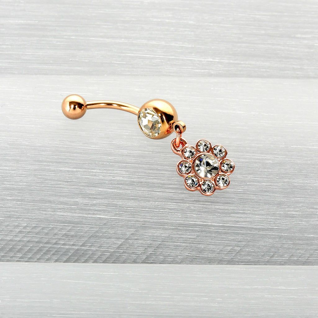 Clear Gem Rose Gold Tone Whimsy Flower Dangle Belly Ring