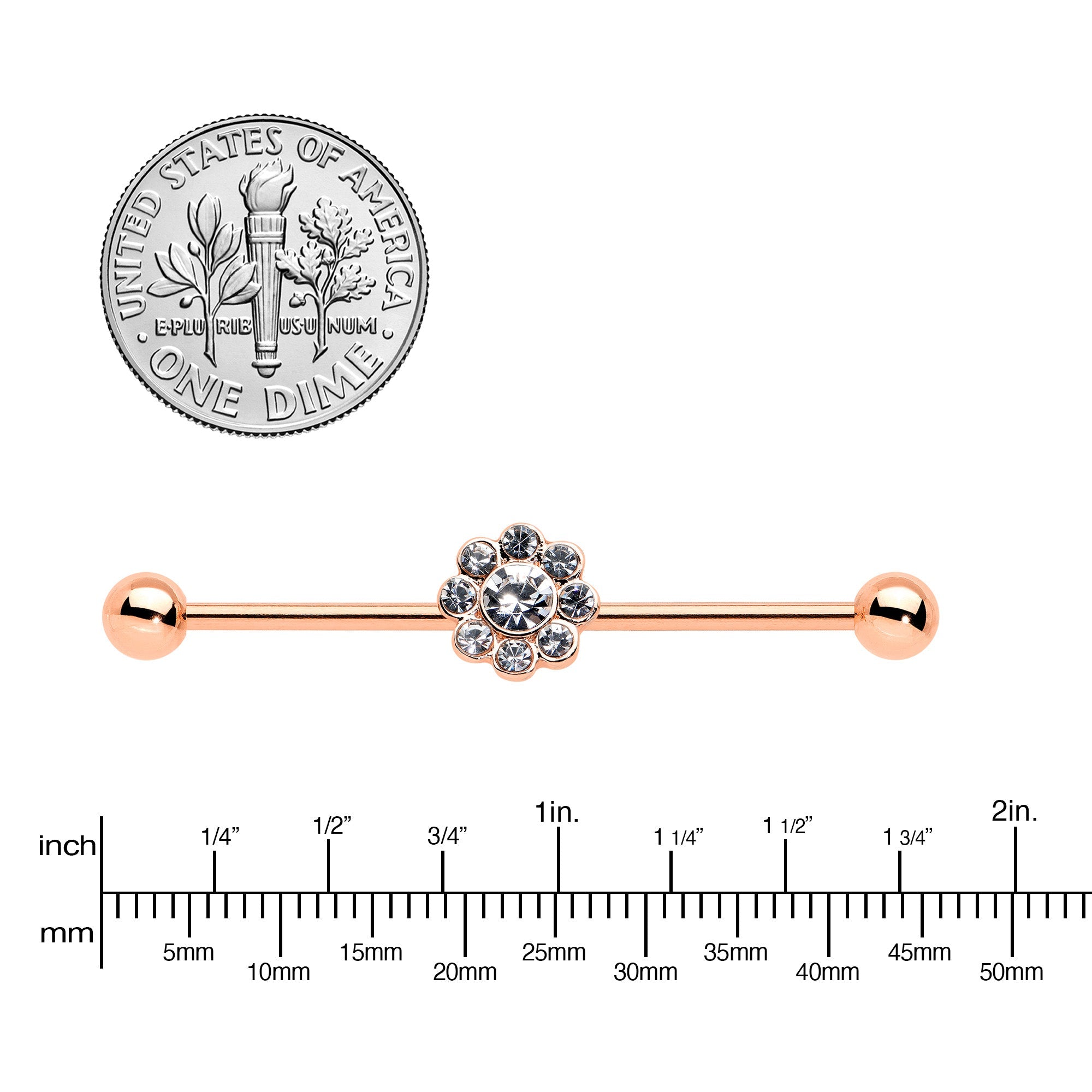 14G Clear Gem Rose Gold Hue Whimsy Flower Industrial Barbell 38mm