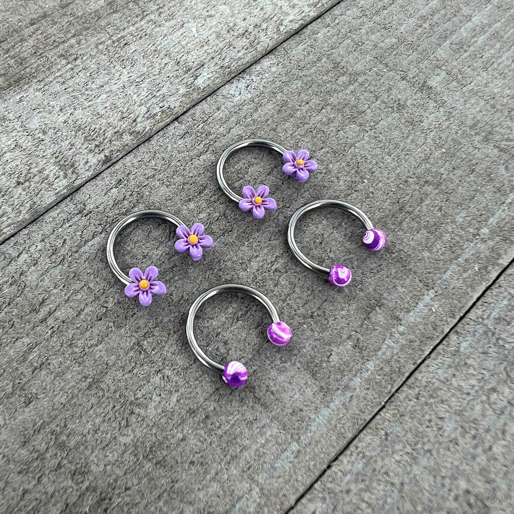 16G 3/8 Purple Ball Flowers Horseshoe Circular Barbell Set of 4