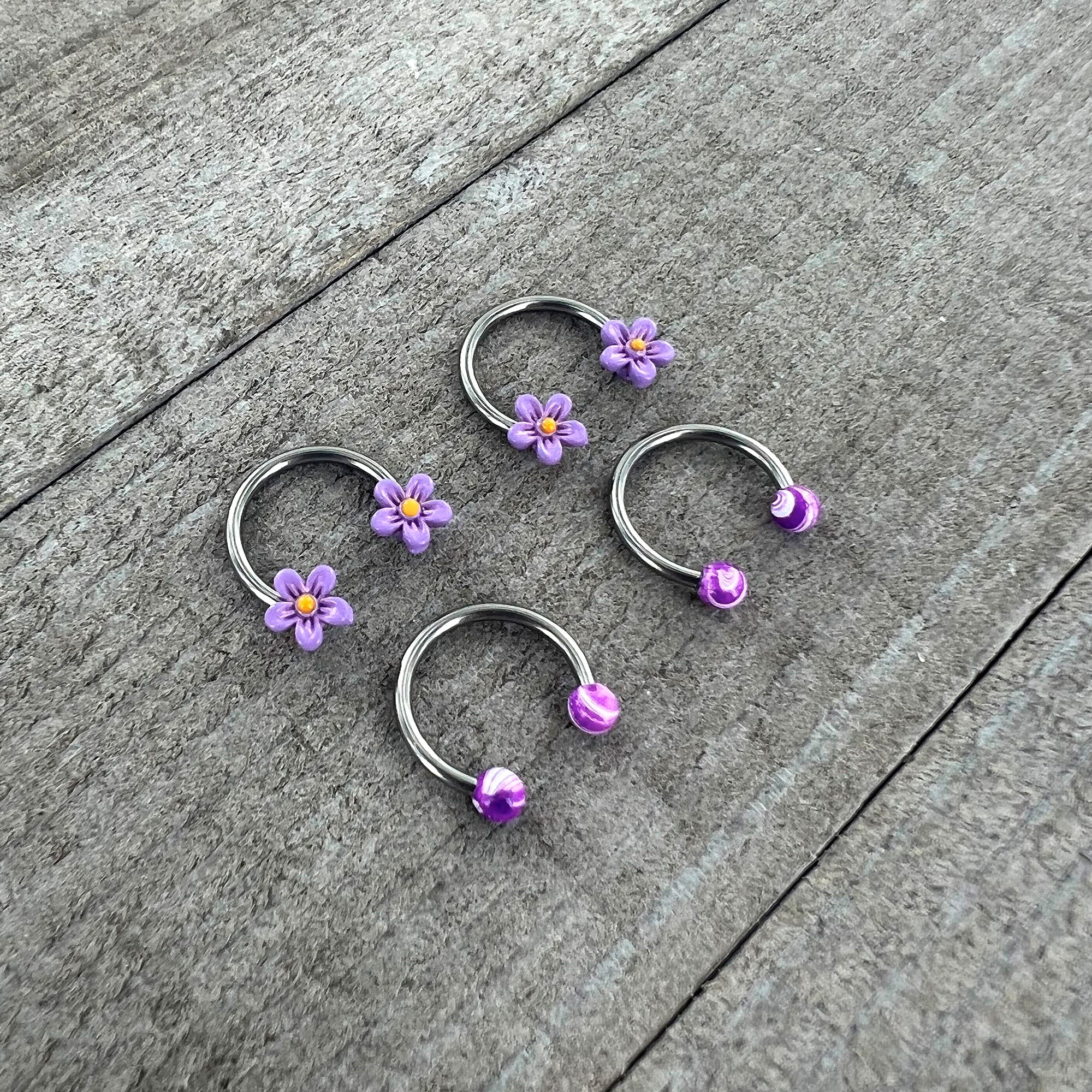 16G 3/8 Purple Ball Flowers Horseshoe Circular Barbell Set of 4