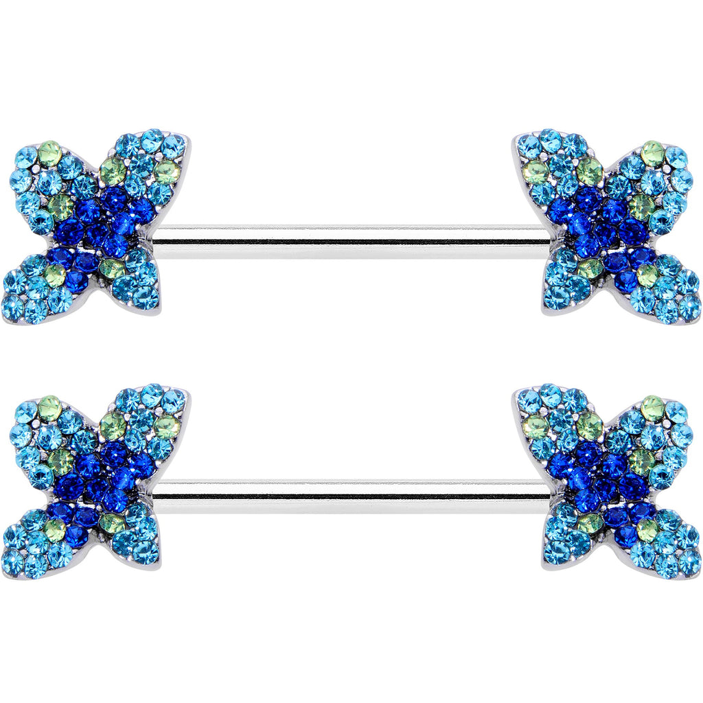 14G 9/16 Blue Gem Glamour Butterfly Barbell Nipple Ring Set