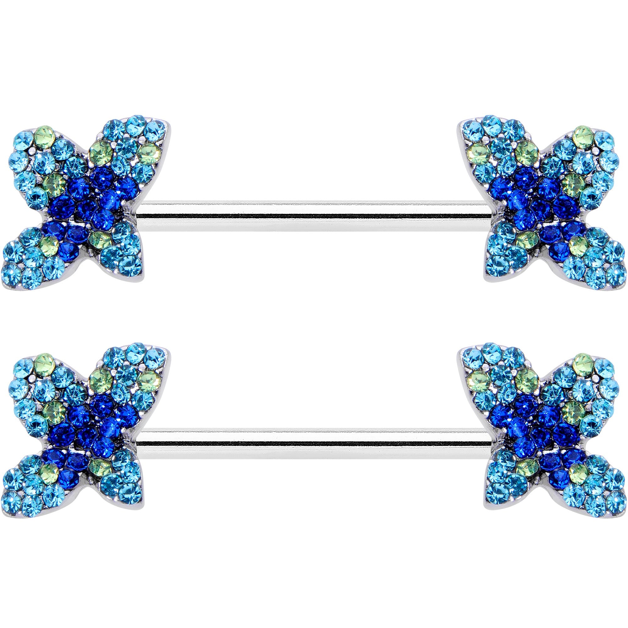 14G 9/16 Blue Gem Glamour Butterfly Barbell Nipple Ring Set