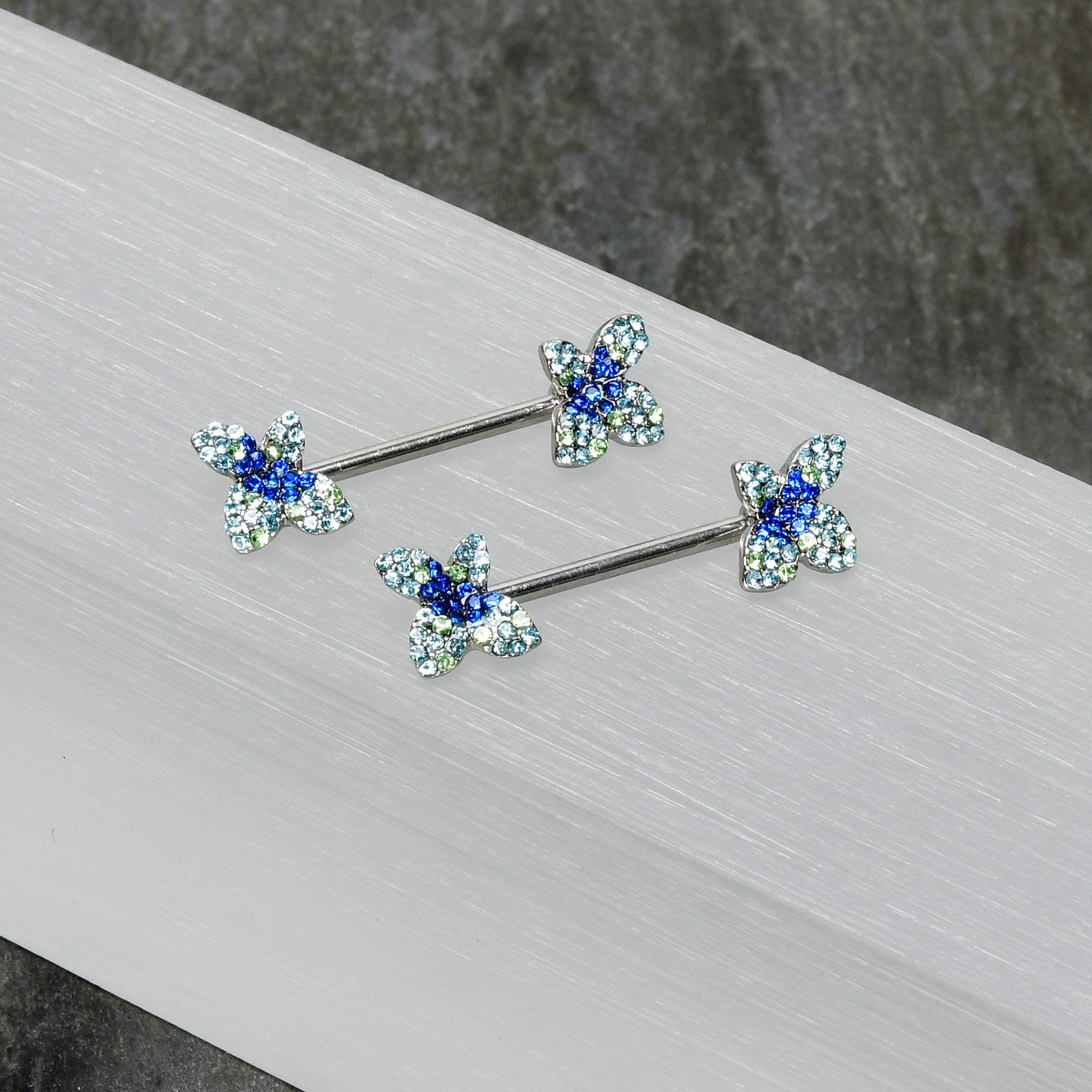14G 9/16 Blue Gem Glamour Butterfly Barbell Nipple Ring Set