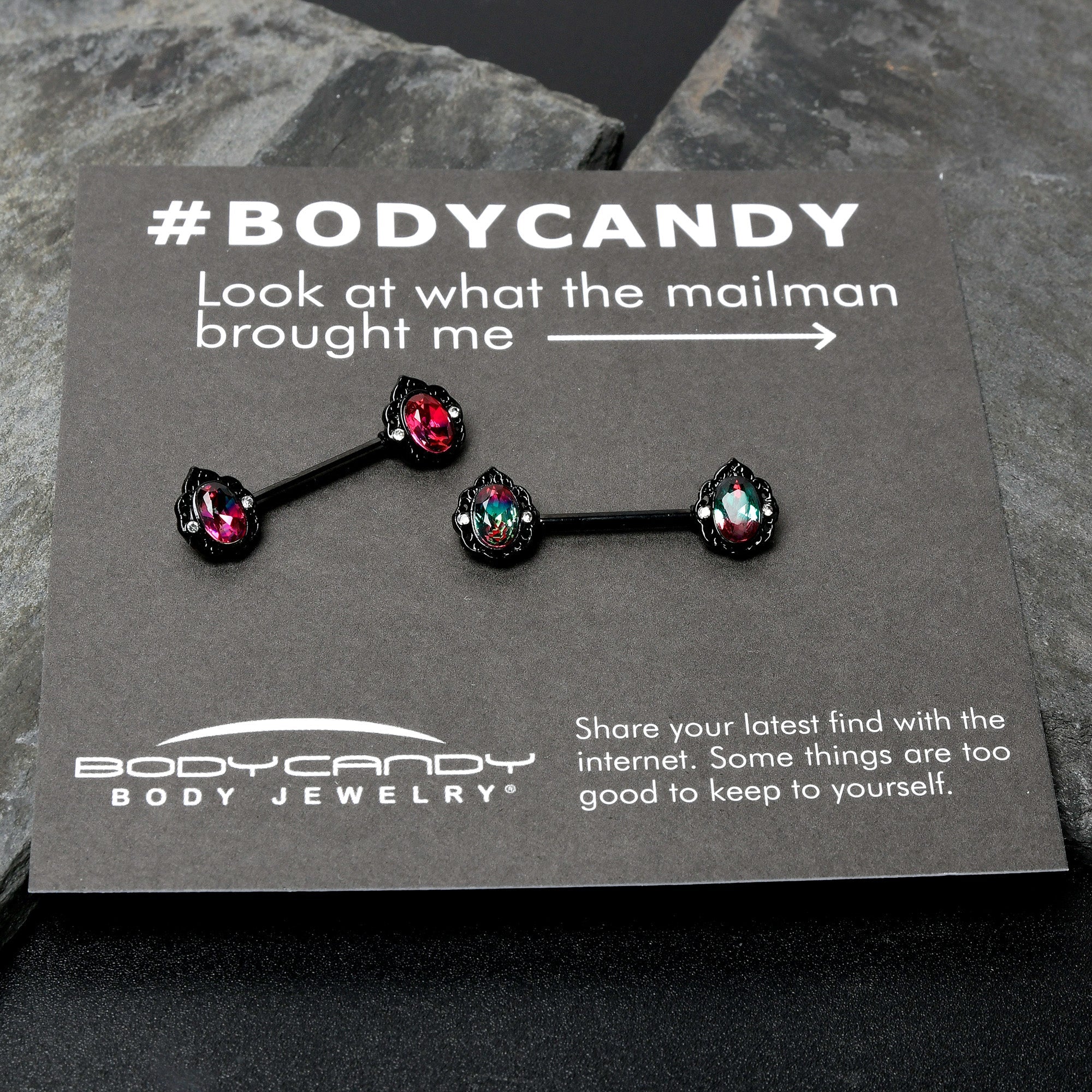 14G 9/16 Purple Tourmaline Black Lacy Drop Barbell Nipple Ring Set