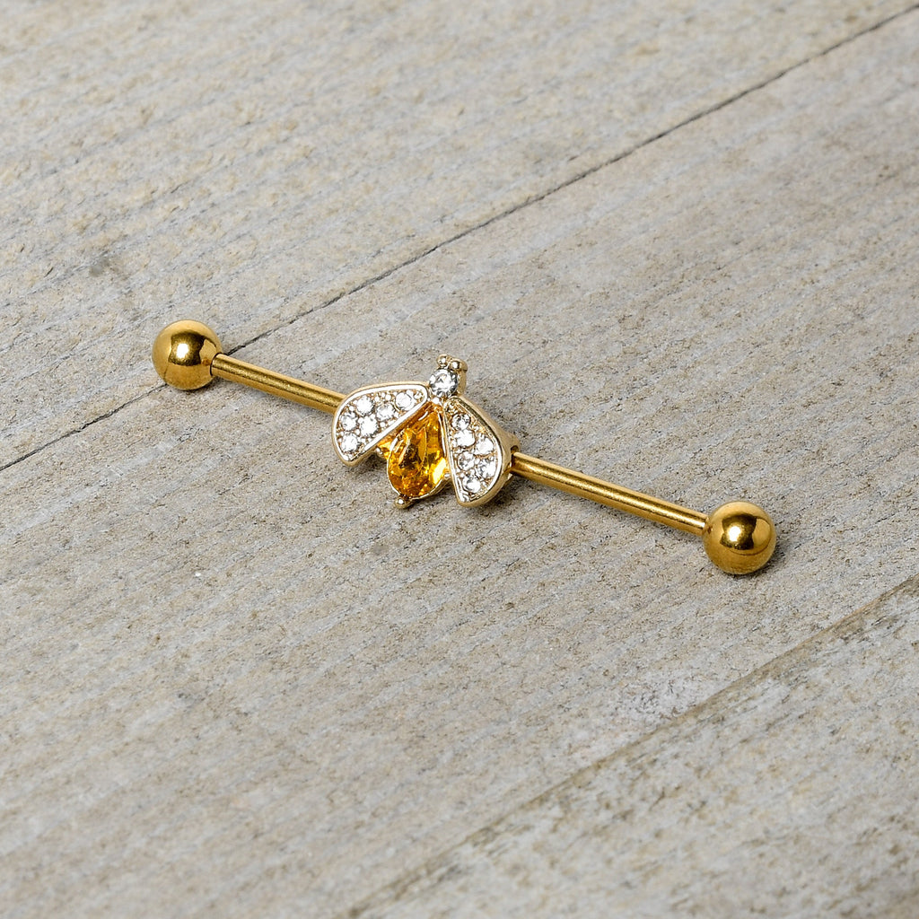 14G Clear Yellow Gem Gold Tone Style Bug Industrial Barbell 38mm