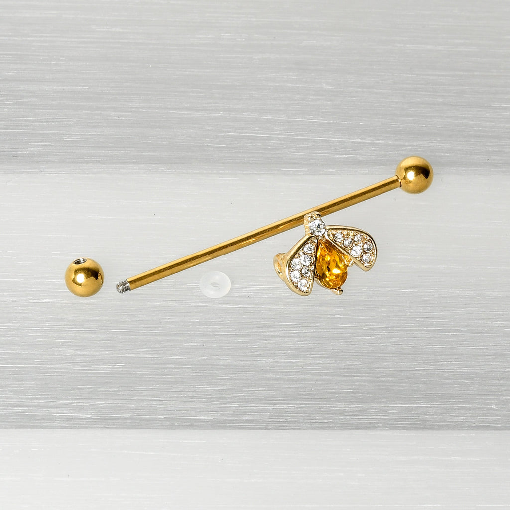 14G Clear Yellow Gem Gold Tone Style Bug Industrial Barbell 38mm