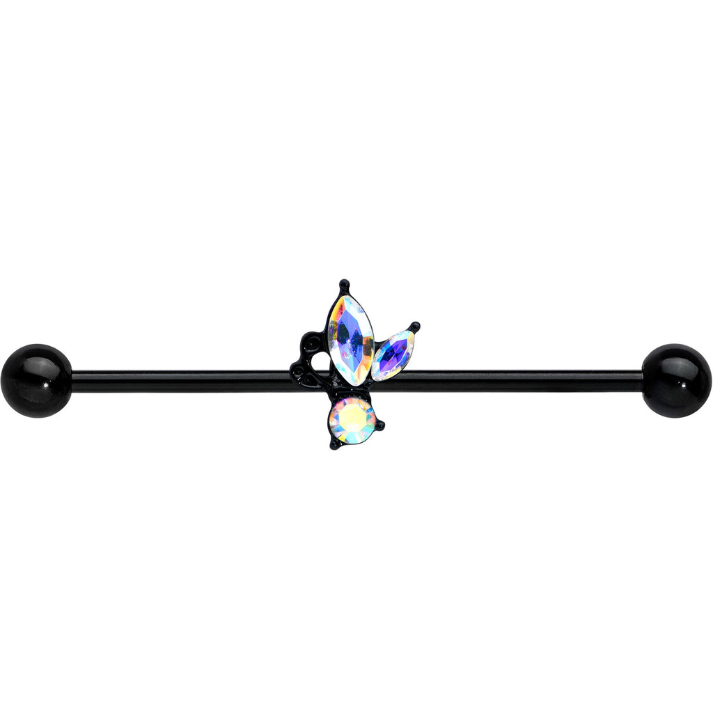 14G Aurora CZ Gem Black Fleur de Lis Butterfly Industrial Barbell 38mm