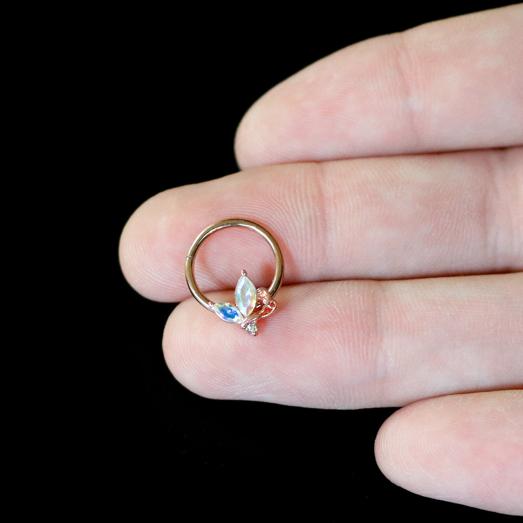16G 3/8 Aurora CZ Gem Rosy Tone Fleur de Lis Butterfly Hinged Segment Ring
