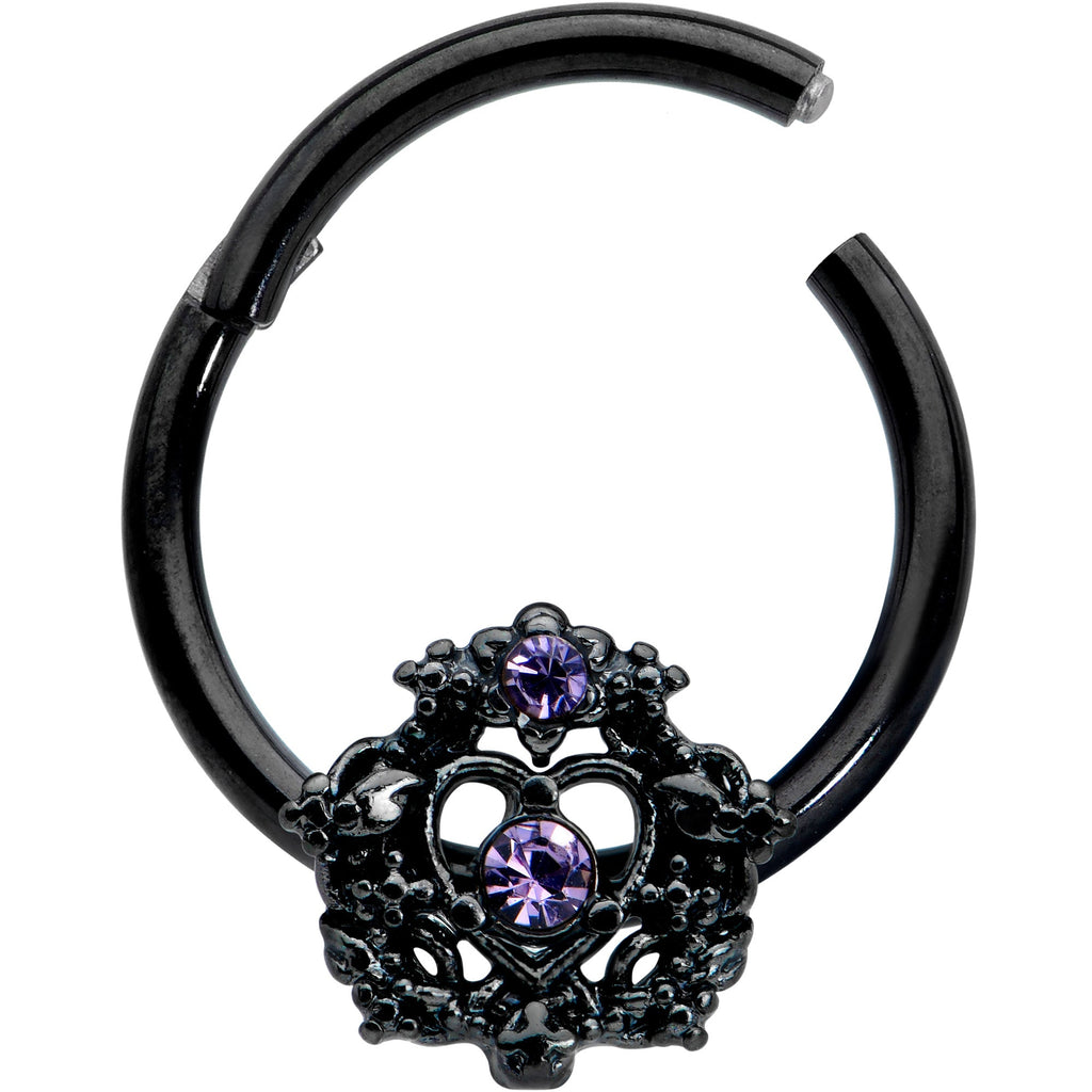 16G 3/8 Purple Gem Black Regal Crown Hinged Segment Ring