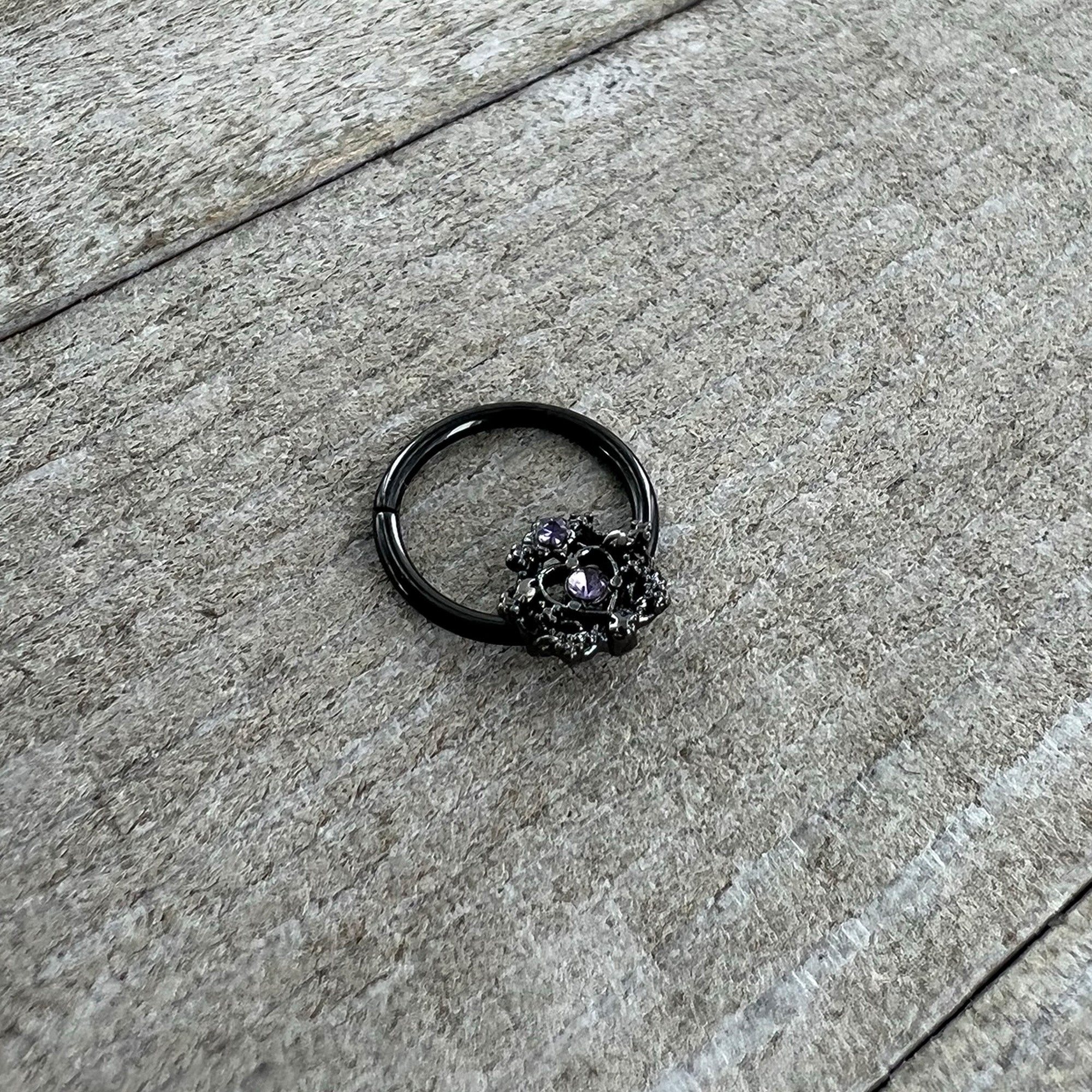 16G 3/8 Purple Gem Black Regal Crown Hinged Segment Ring