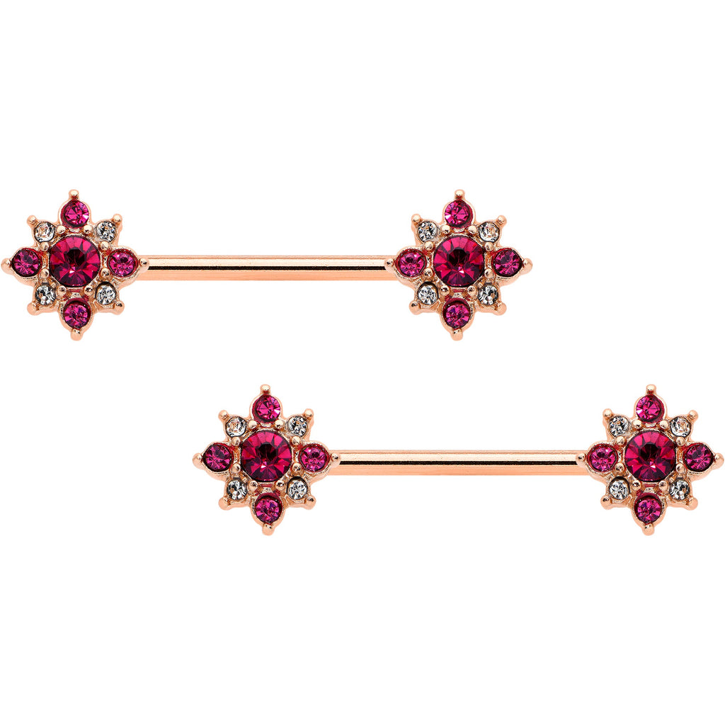 14G Red Gem Rose Gold Tone Rococo Star Barbell Nipple Ring Set