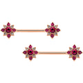 14G Red Gem Rose Gold Tone Rococo Star Barbell Nipple Ring Set