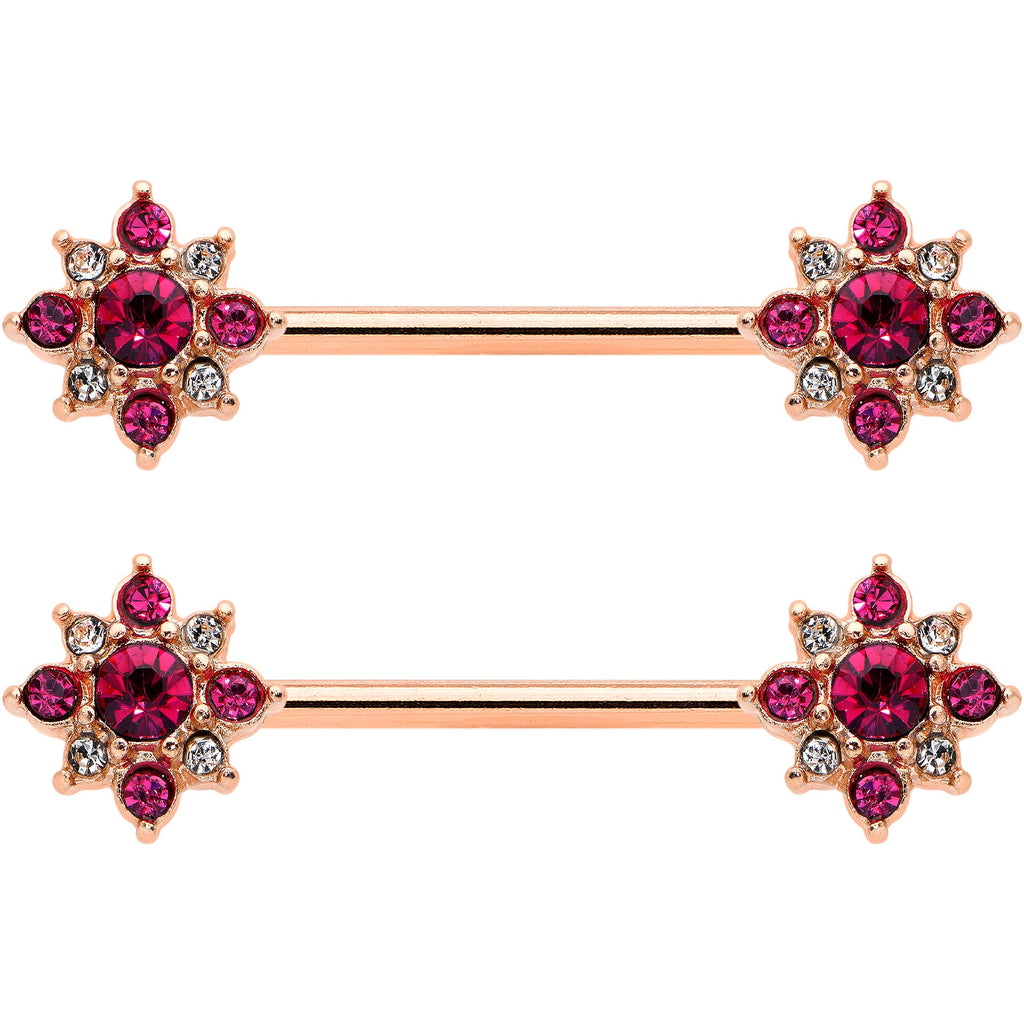 14G Red Gem Rose Gold Tone Rococo Star Barbell Nipple Ring Set