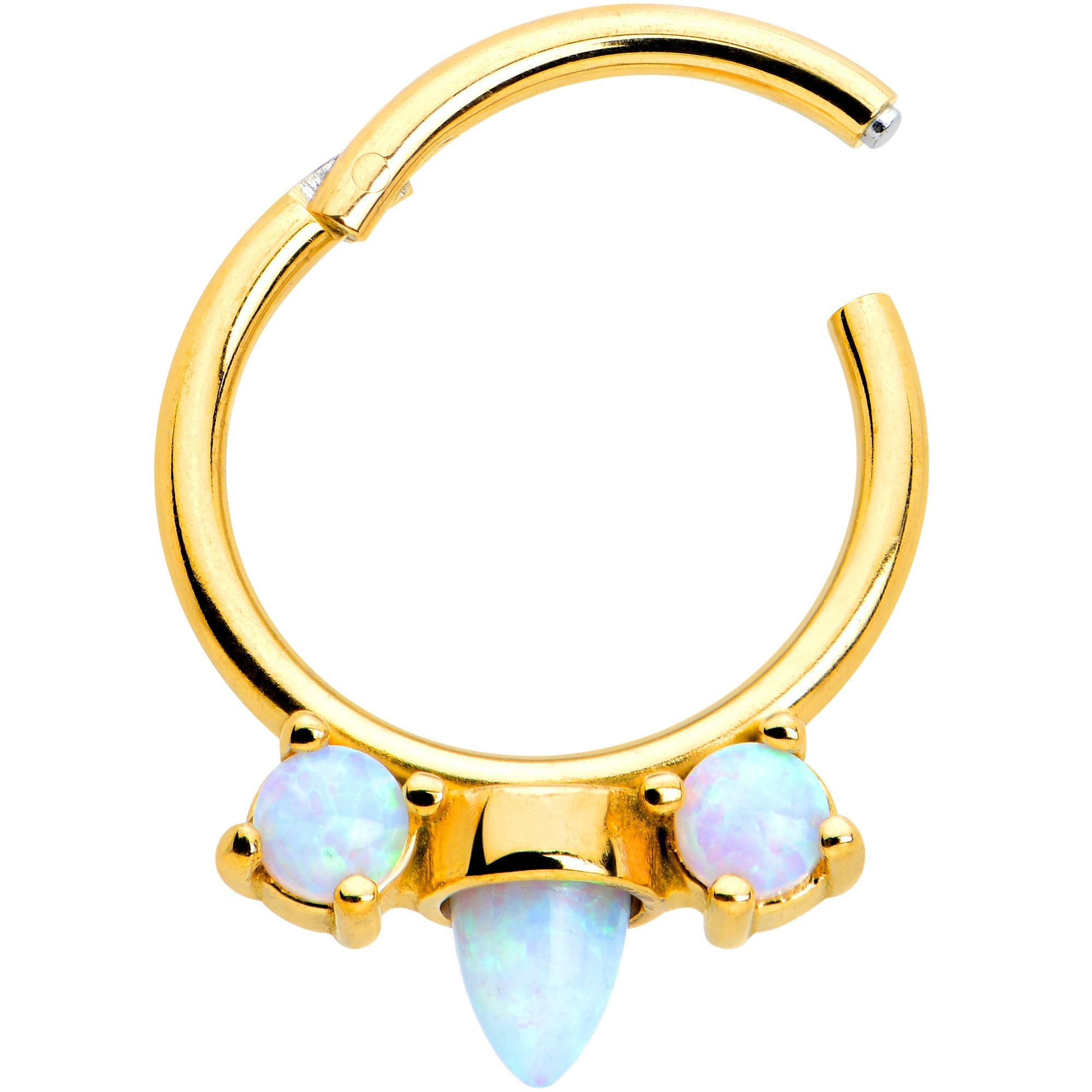 16G 3/8 White Synthetic Opal Gold Tone Trio Point Hinged Segment Ring