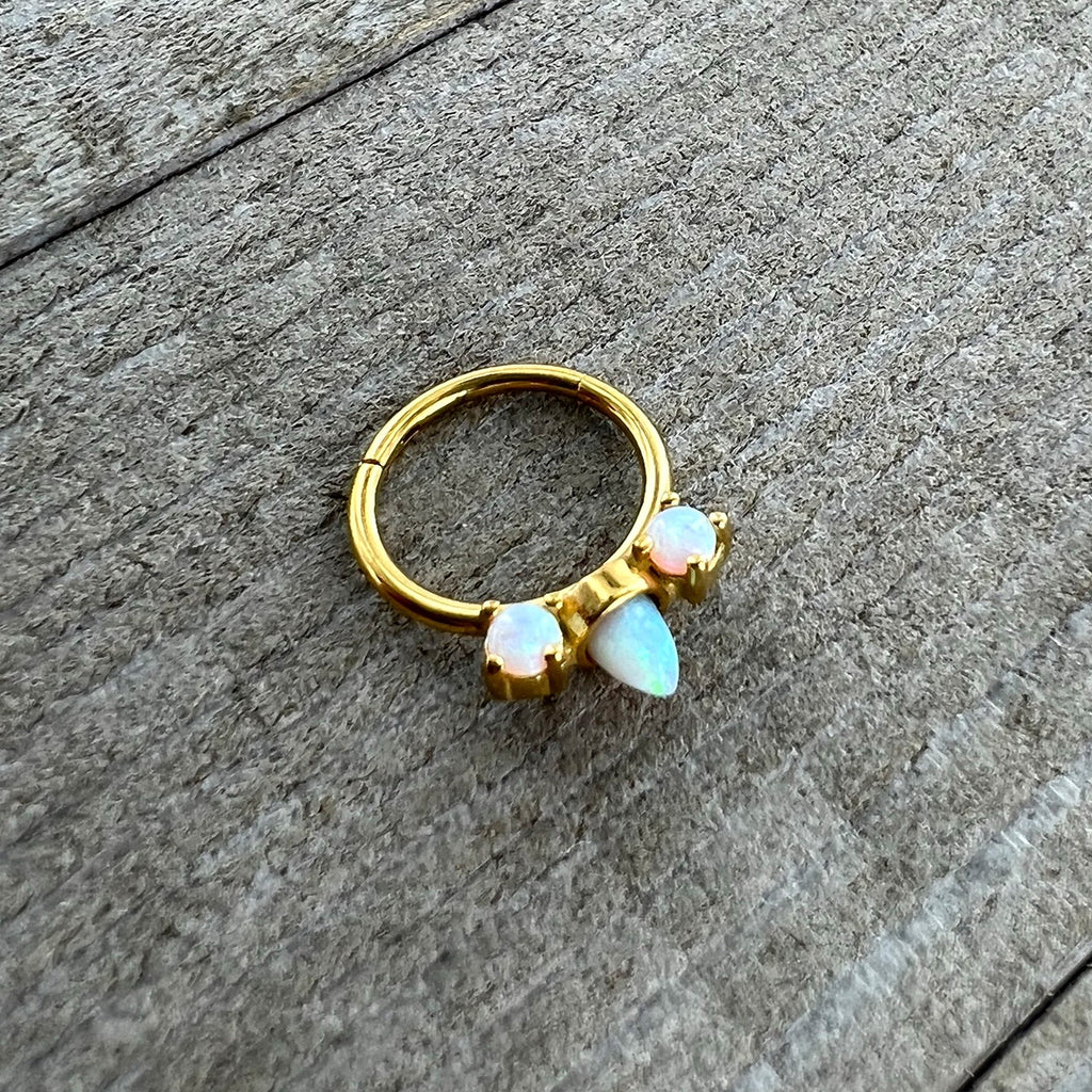 16G 3/8 White Synthetic Opal Gold Tone Trio Point Hinged Segment Ring