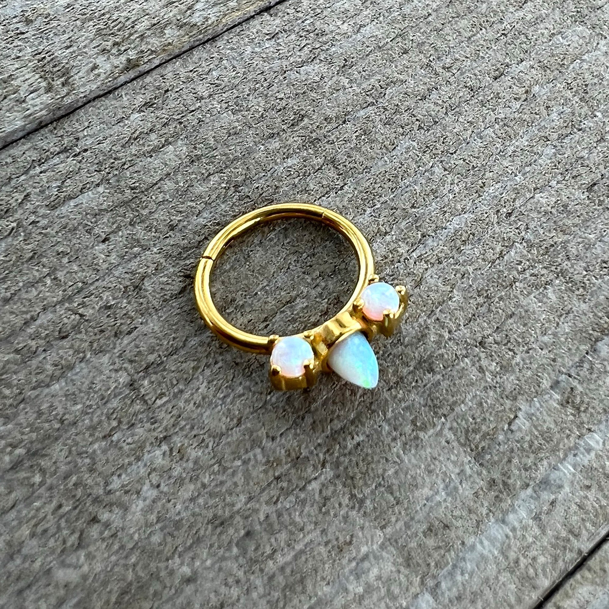 16G 3/8 White Synthetic Opal Gold Tone Trio Point Hinged Segment Ring