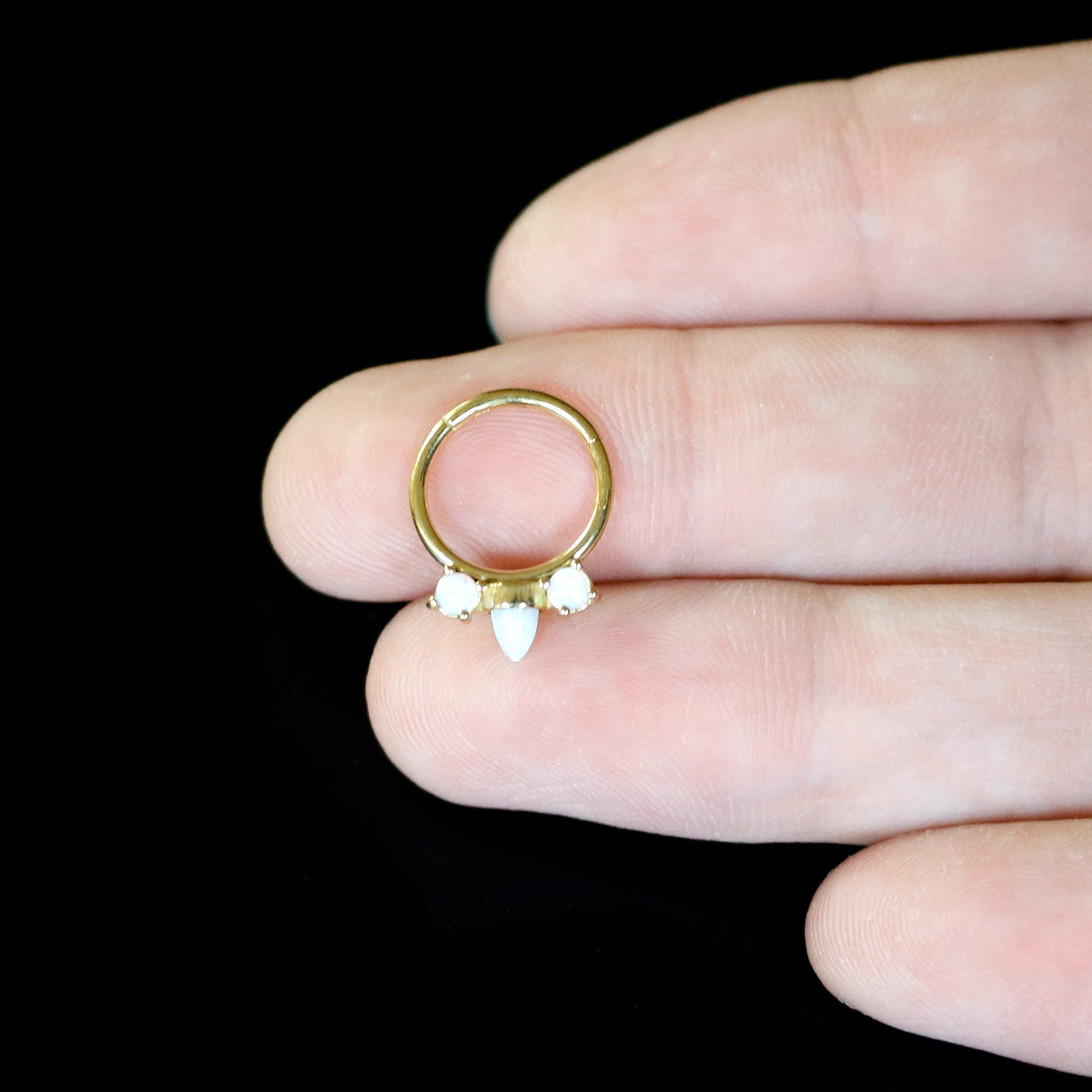 16G 3/8 White Synthetic Opal Gold Tone Trio Point Hinged Segment Ring