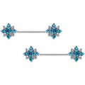 14G 9/16 Clear Blue Gem Opulent Flower Barbell Nipple Ring Set