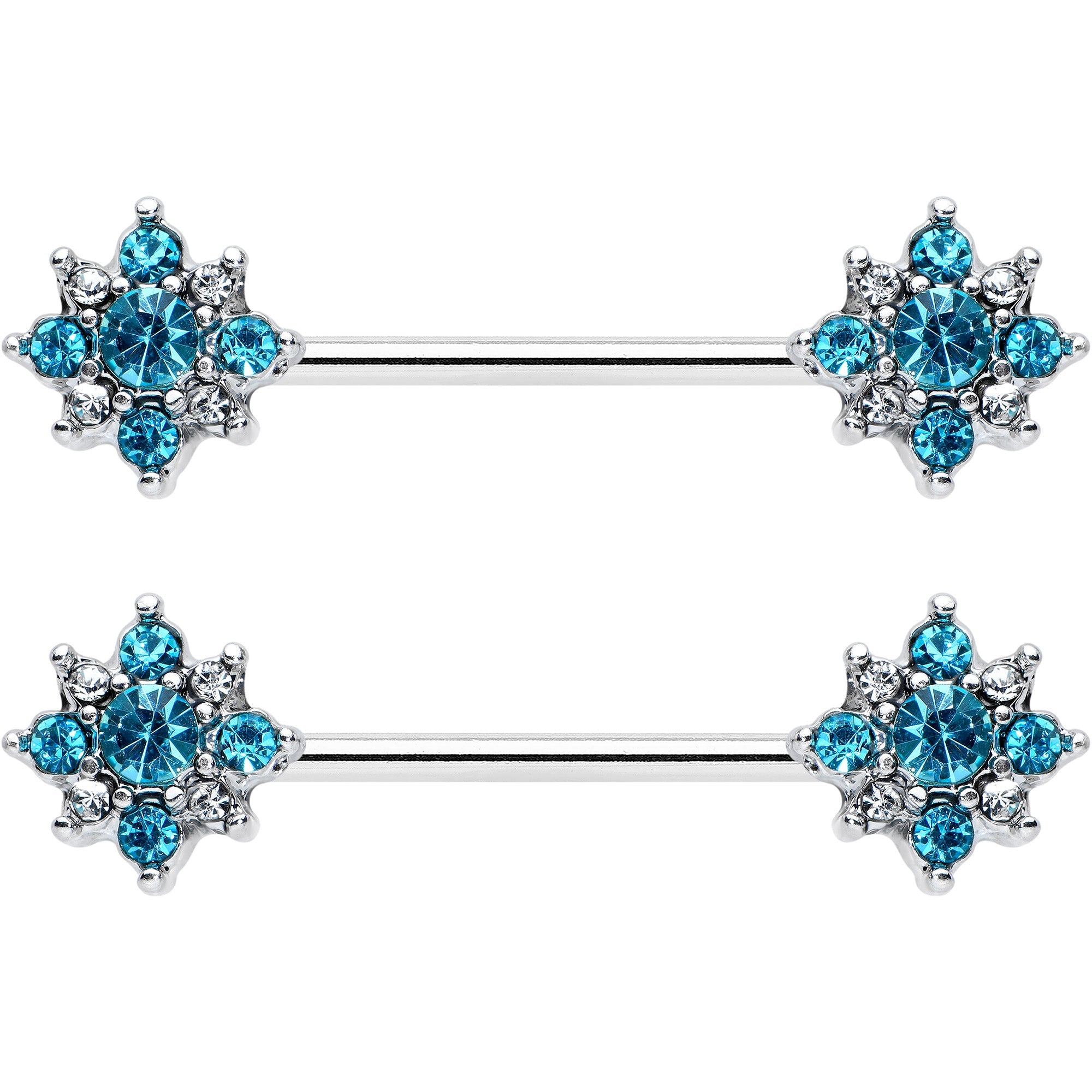 14G 9/16 Clear Blue Gem Opulent Flower Barbell Nipple Ring Set