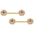 14G 9/16 Clear Pink Gem Gold Tone Starry Flower Nipple Ring Set