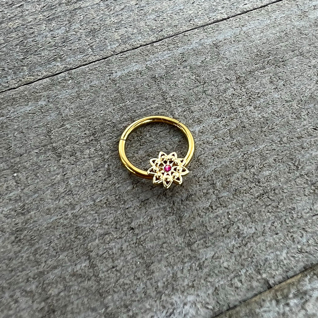 16G 3/8 Pink Gem Gold Tone Starry Flower Hinged Segment Ring