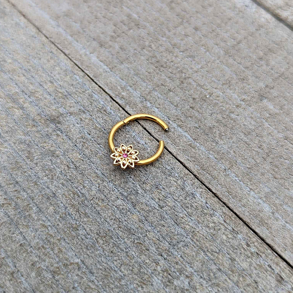 16G 3/8 Pink Gem Gold Tone Starry Flower Hinged Segment Ring