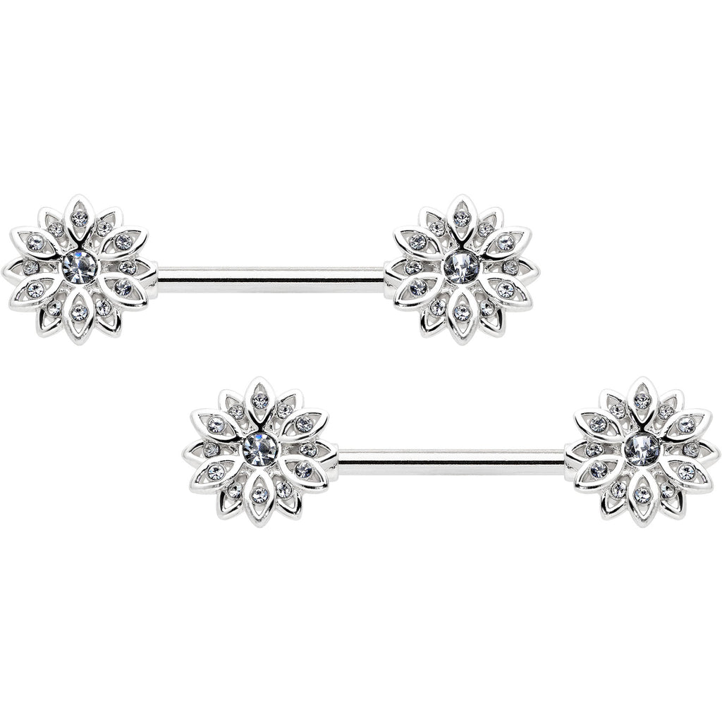 14G 9/16 Clear Gem Rococo Starry Flower Barbell Nipple Ring Set