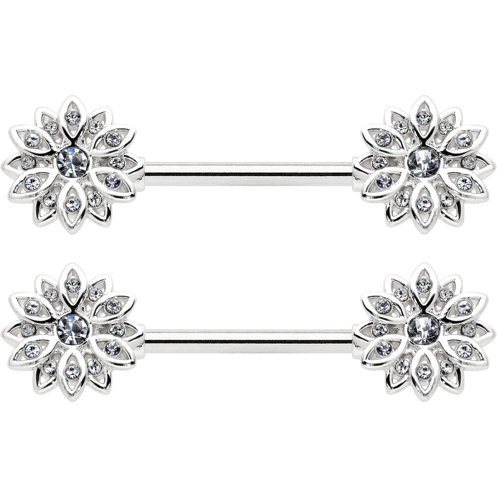 14G 9/16 Clear Gem Rococo Starry Flower Barbell Nipple Ring Set