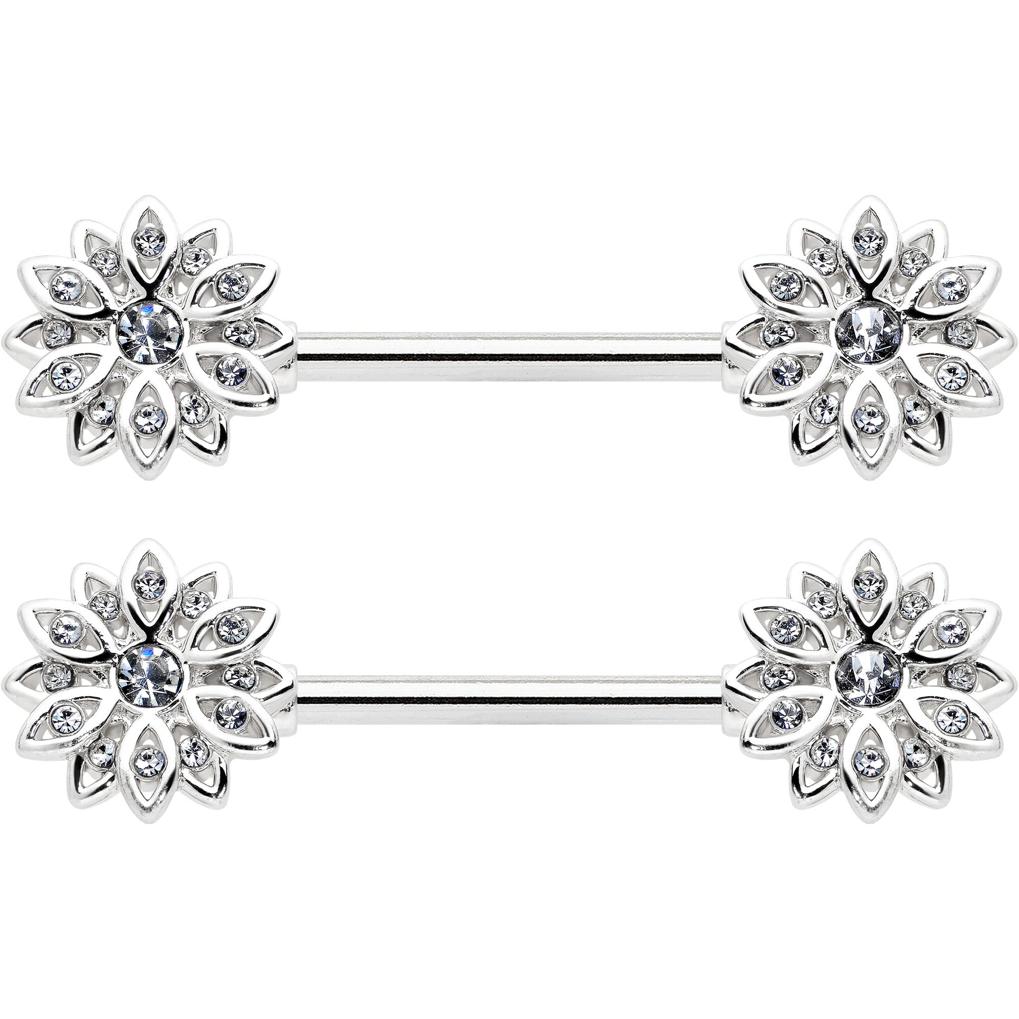 14G 9/16 Clear Gem Rococo Starry Flower Barbell Nipple Ring Set