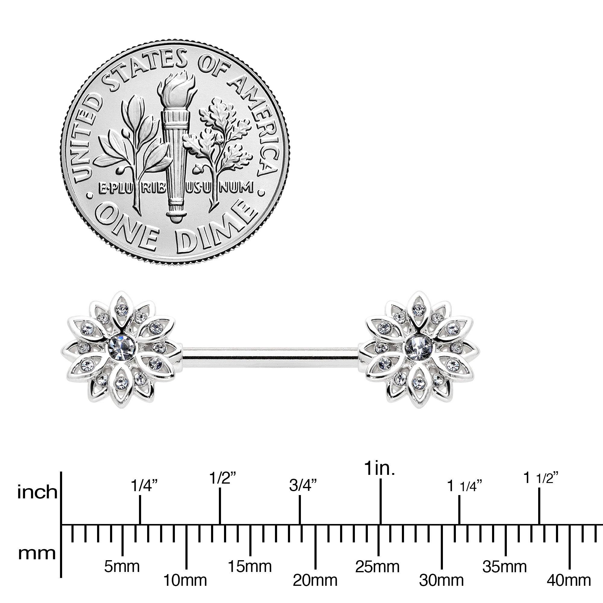 14G 9/16 Clear Gem Rococo Starry Flower Barbell Nipple Ring Set