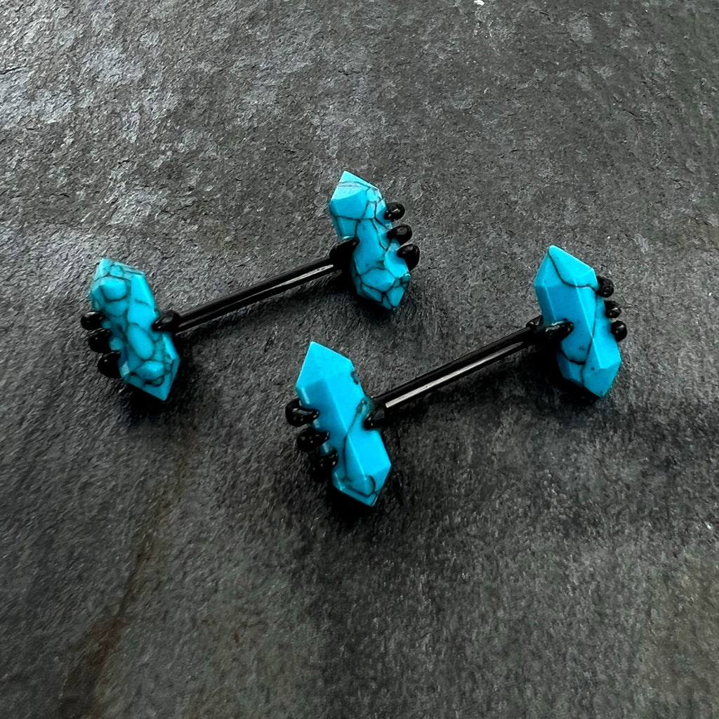14G 9/16 Blue Turquoise Black Claw Barbell Nipple Ring Set