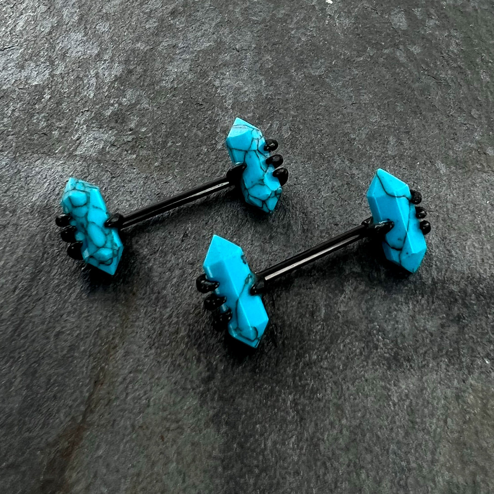 14G 9/16 Blue Turquoise Black Claw Barbell Nipple Ring Set