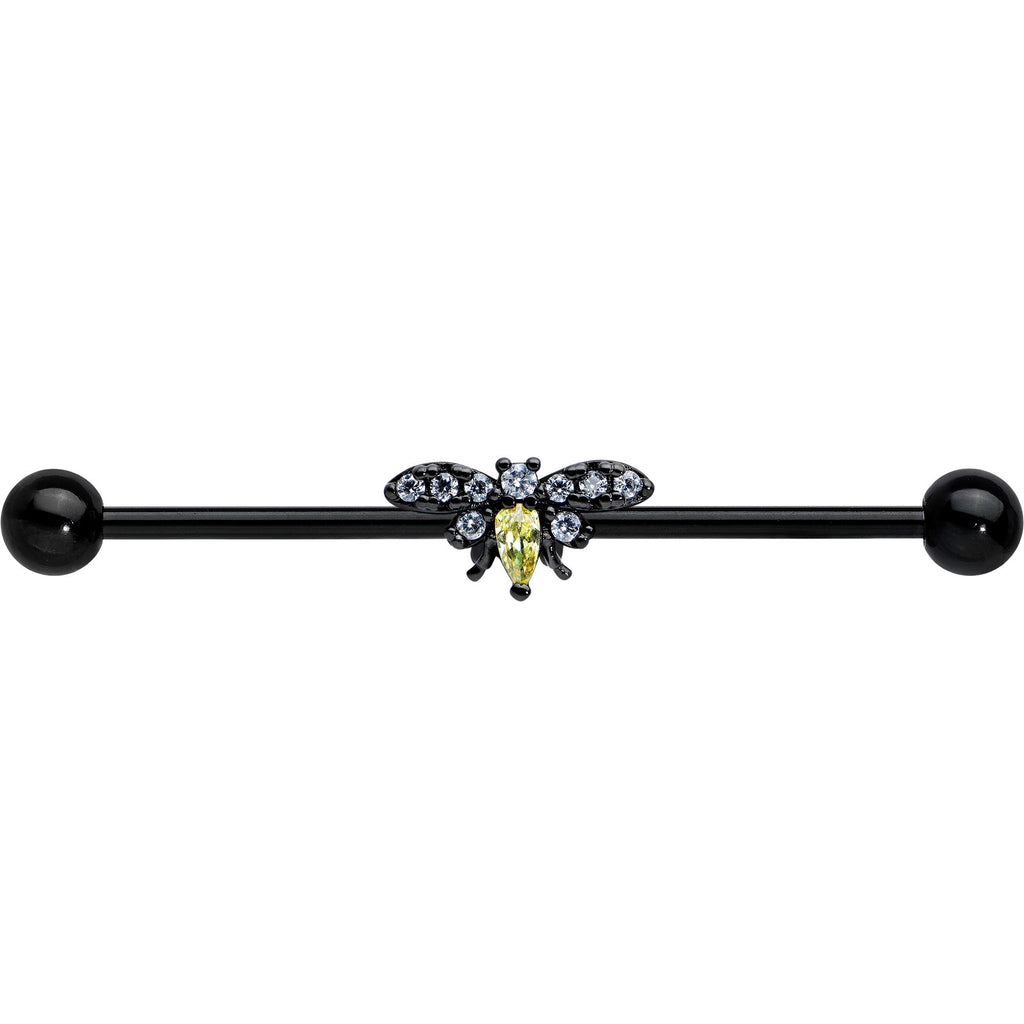 14G Yellow Clear Gem Black Butterfly Industrial Barbell 38mm