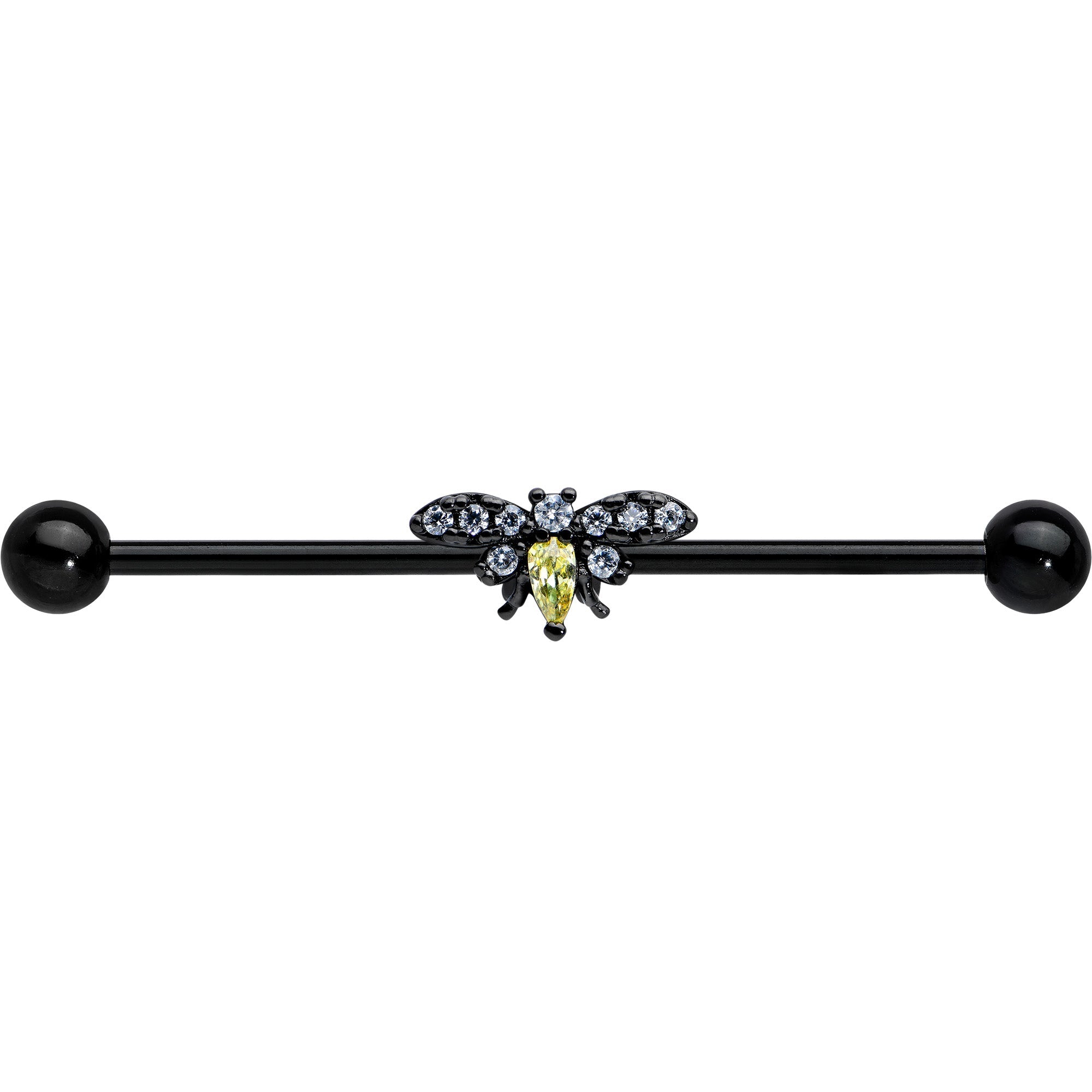 14G Yellow Clear Gem Black Butterfly Industrial Barbell 38mm