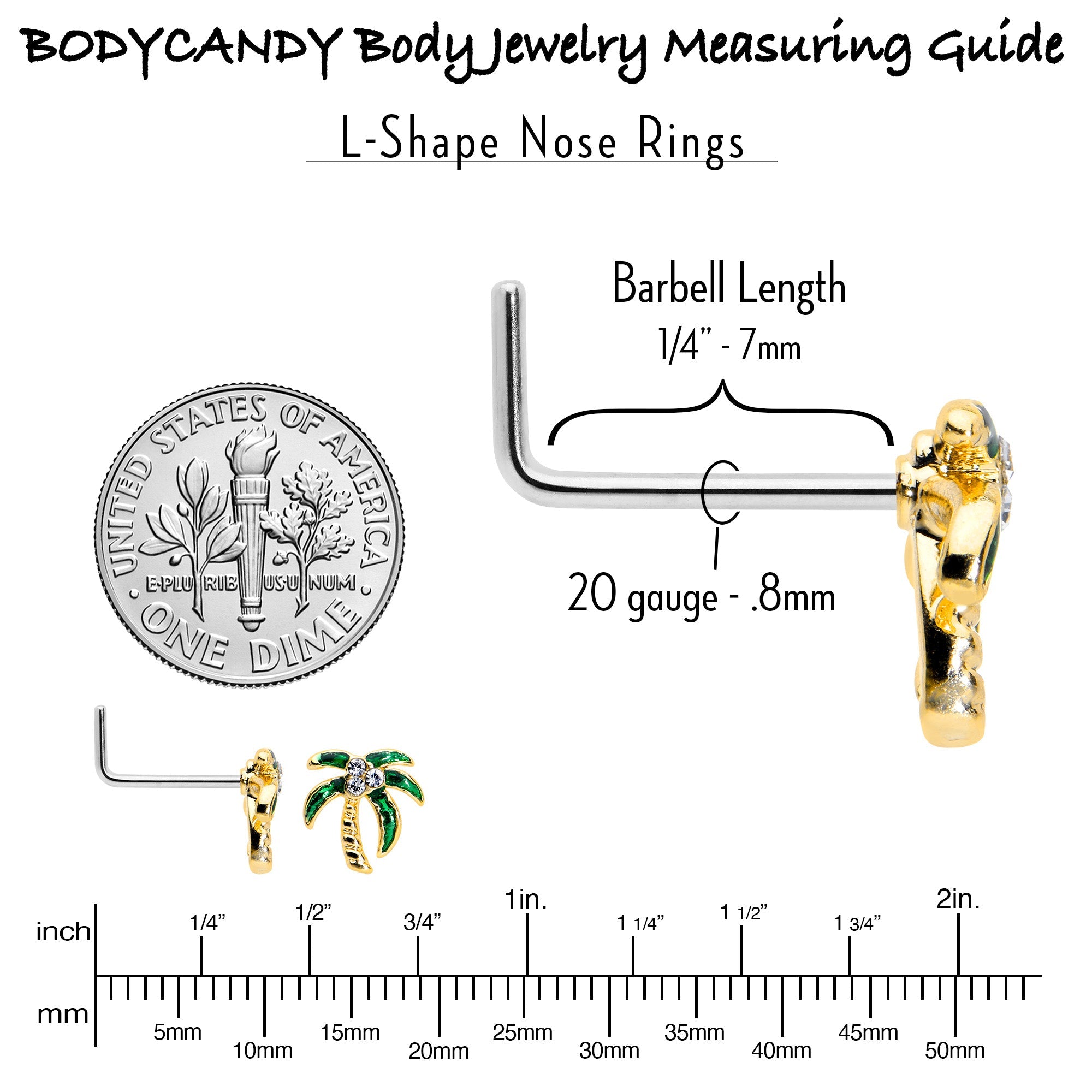 20G 1/4 Clear Gem Golden Palm Tree Style L Shape Nose Ring