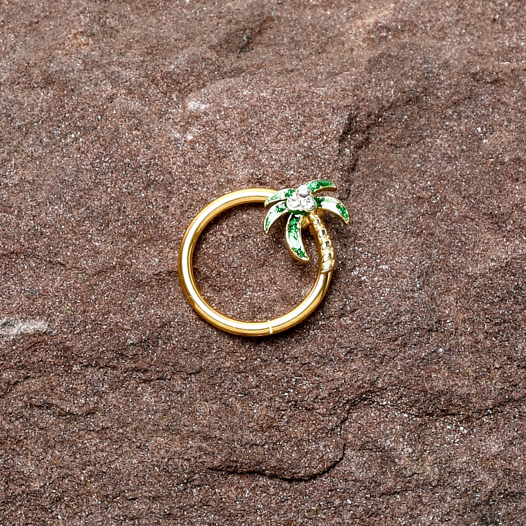 16G 3/8 Clear Gem Gold Tone Palm Tree Style Hinged Segment Ring