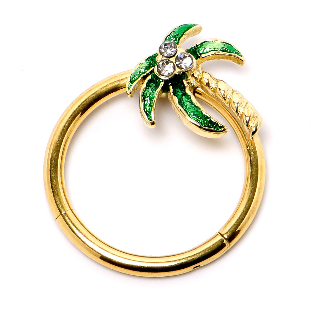 16G 3/8 Clear Gem Gold Tone Palm Tree Style Hinged Segment Ring