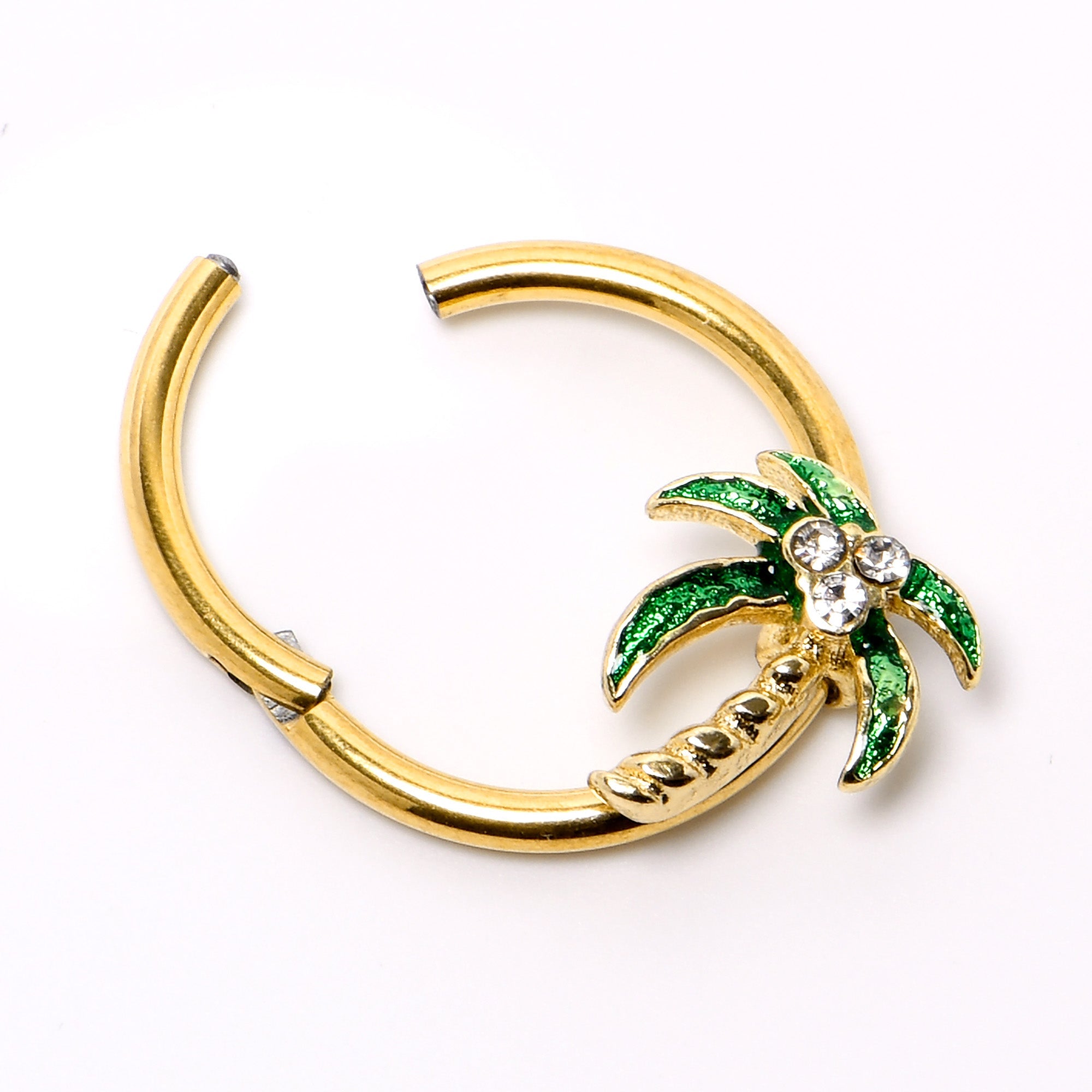 16G 3/8 Clear Gem Gold Tone Palm Tree Style Hinged Segment Ring