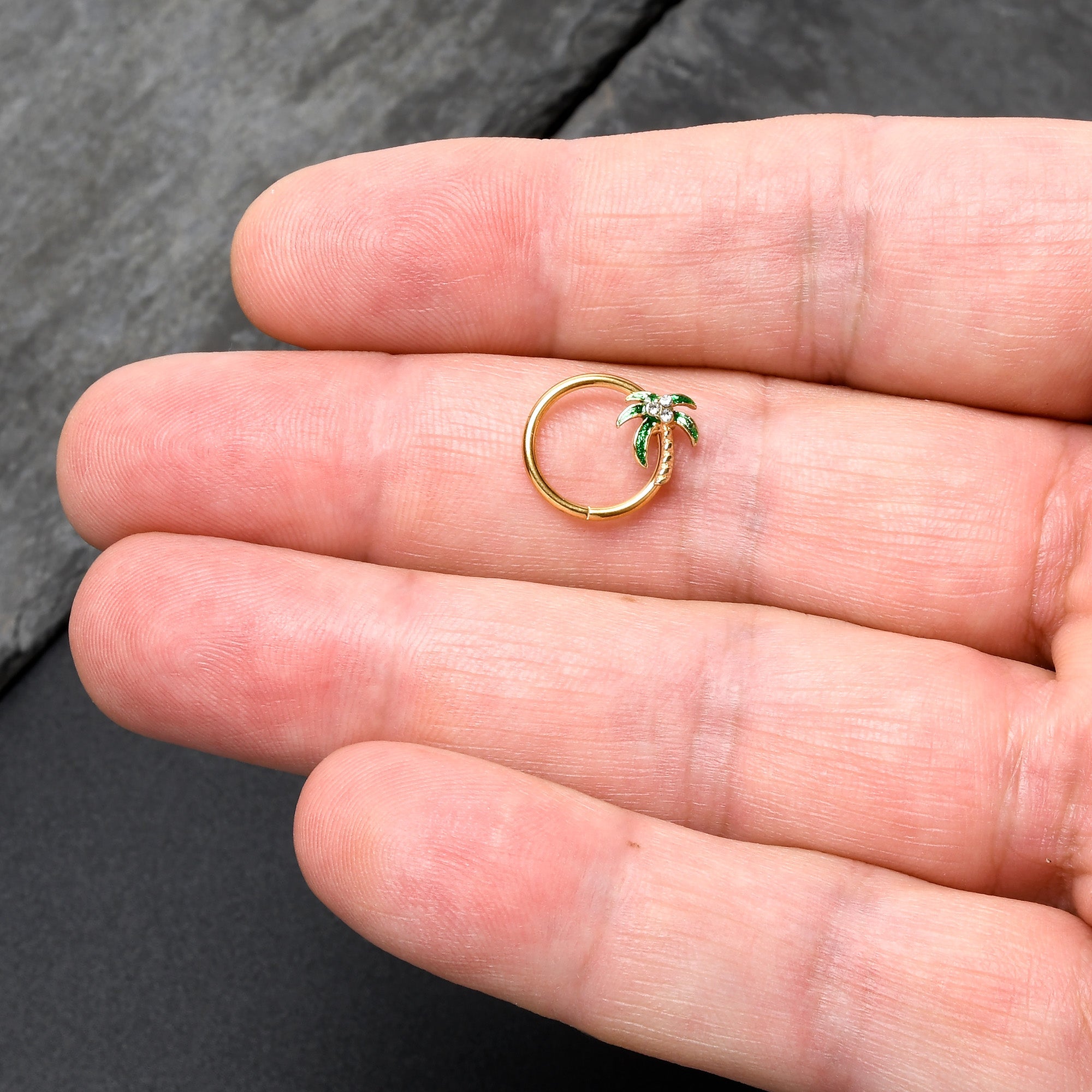 16G 3/8 Clear Gem Gold Tone Palm Tree Style Hinged Segment Ring