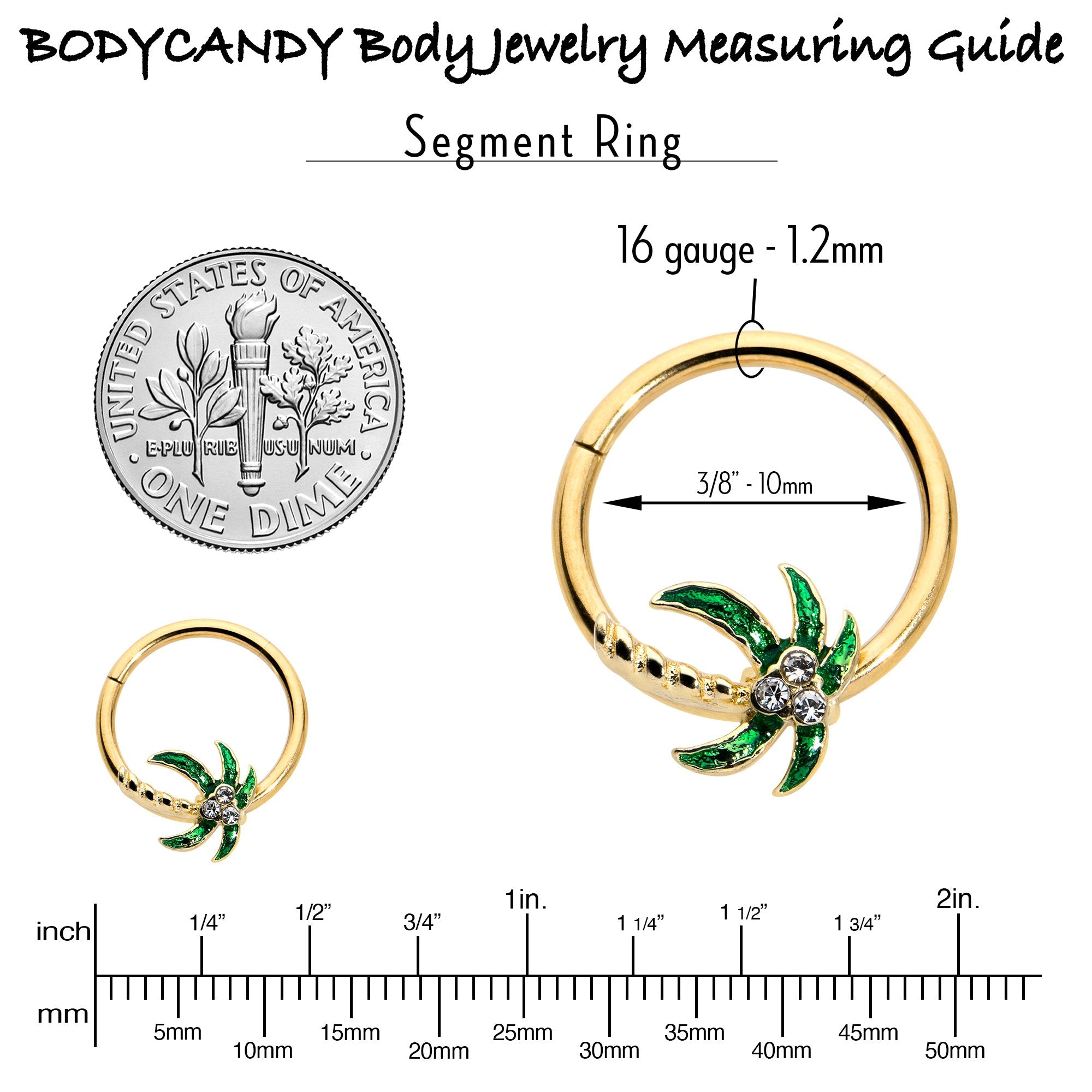 16G 3/8 Clear Gem Gold Tone Palm Tree Style Hinged Segment Ring