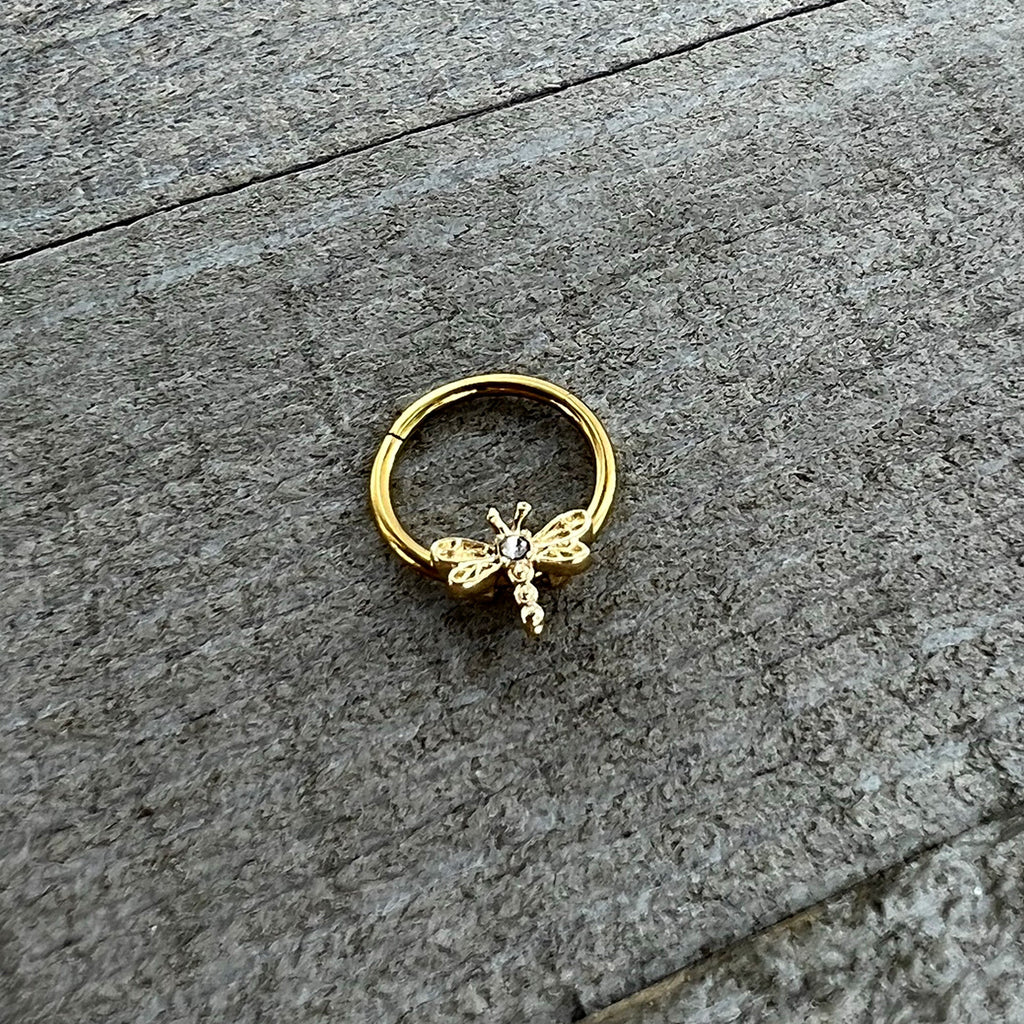 16G 3/8 Clear Gem Gold Tone Flying Dragonfly Hinged Segment Ring
